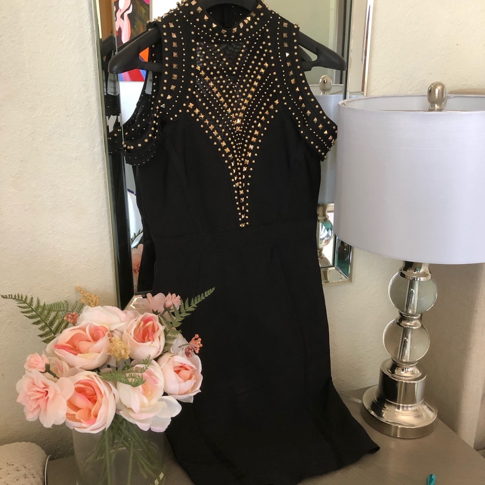 Bebe studded black cold shoulder dress